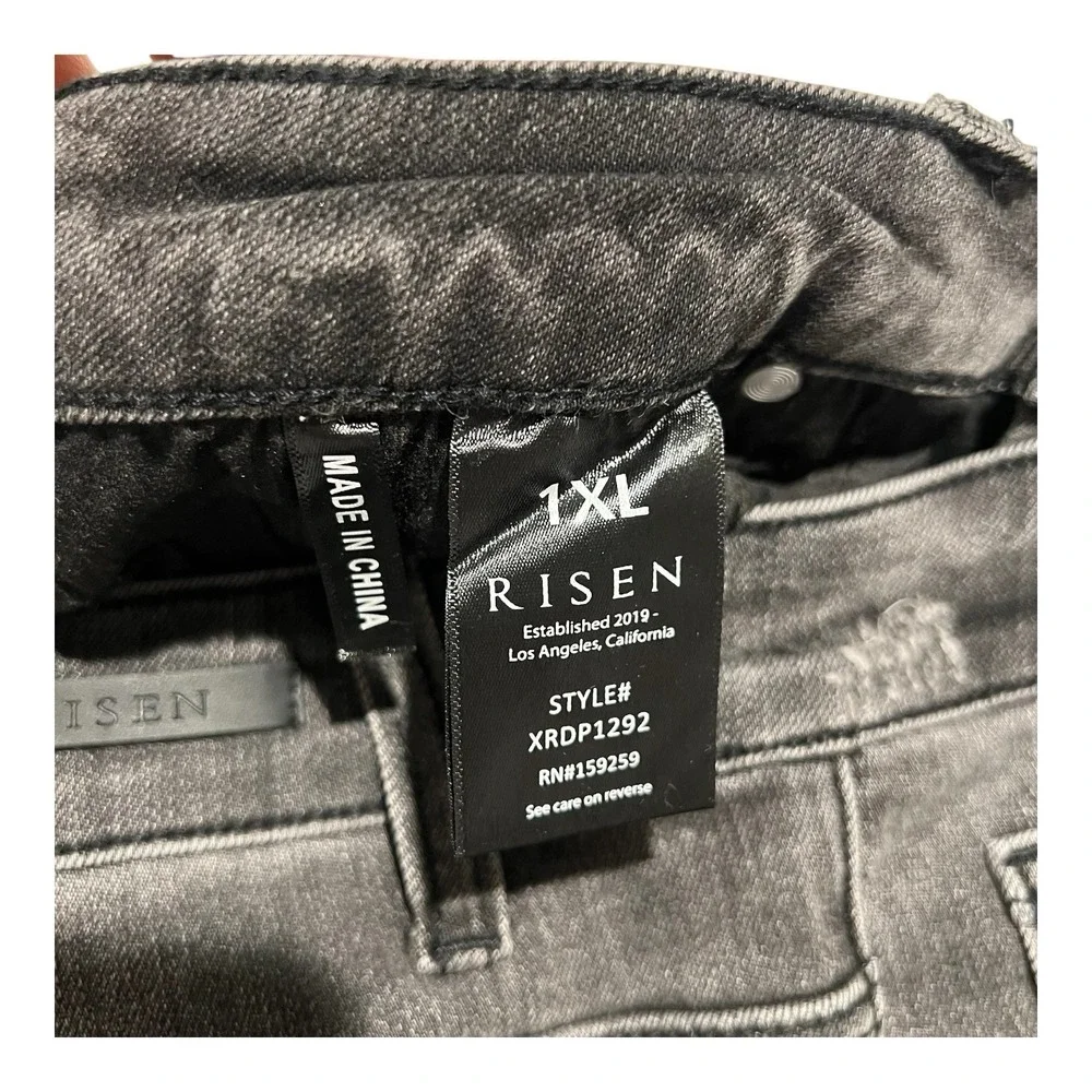 NWT Risen Womens 1XL Flare Jeans Black Acid Wash High Rise Raw Hem Stretch Denim